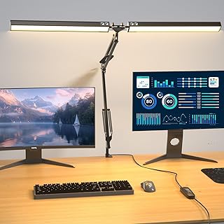 Lustaled Lampe de Bureau LED Pince, Double Tête Lampe Lecture 2000LM 20W Dimmable, 3 Couleurs & 10 Luminosités, Protection des Yeux, Noir Lampe Pince avec Prise pour Ecran PC, Architecte, Dessin