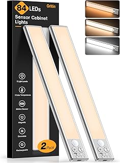 Gritin Lampe de Placard LED, Super Lumineuses, 26CM, 3 Couleurs&5 Luminosités, 4 Modes, Détecteur de Mouvement, Rechargeable Longue Durée-Installation Facile Lampe d