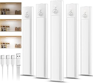 5 Pièce Lampe LED Rechargeable,20CM Blanc Froid Reglette led Cuisine, Lumiere Detecteur de Mouvement Interieur Sous Meuble Placard Eclairage, Intensité Variable, Installation Magnétique